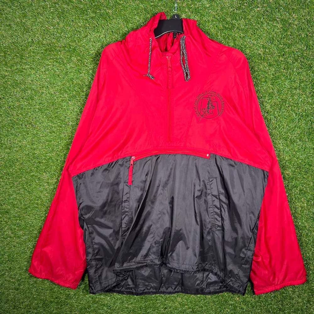 Harriton Mens Large Red Black Anorak Windbreaker Half Zip‎ Hooded Jacket